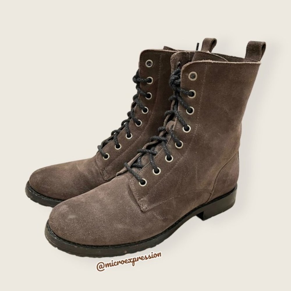 $389 Frye Veronica Combat Lace Up Grey Suede Soft Leather Comfy Moto Ankle Boot - Picture 15 of 16